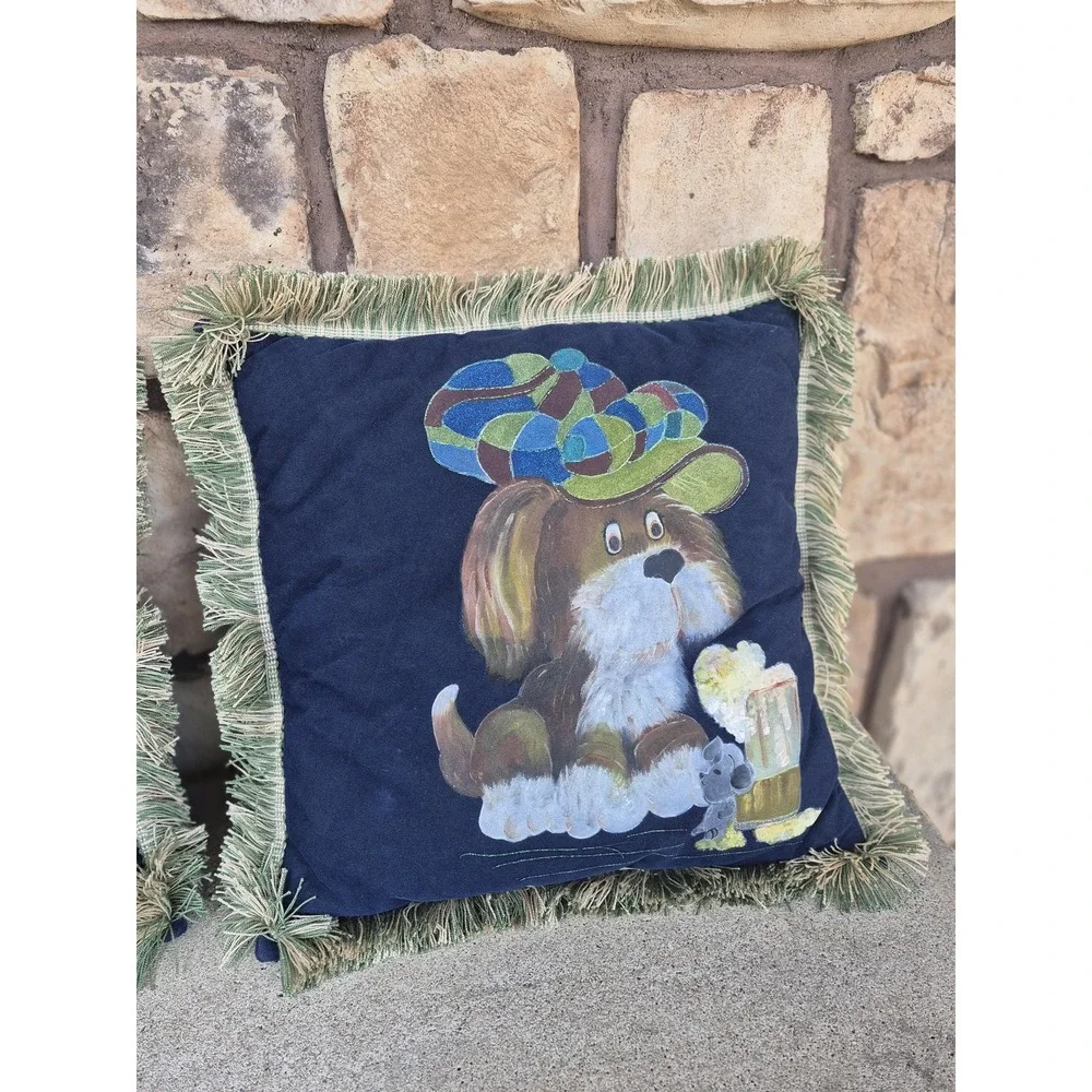 Large Vintage Hand Painted Beer Dog Throw‎ Pillow Set Boy Girl Pair Irish Gift